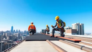 Expert team delivering commercial roofing services on a high-rise building in a bustling cityscape.