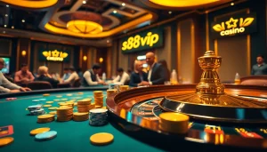Engage with s88vip at a luxurious casino table featuring vibrant game elements and excited players.