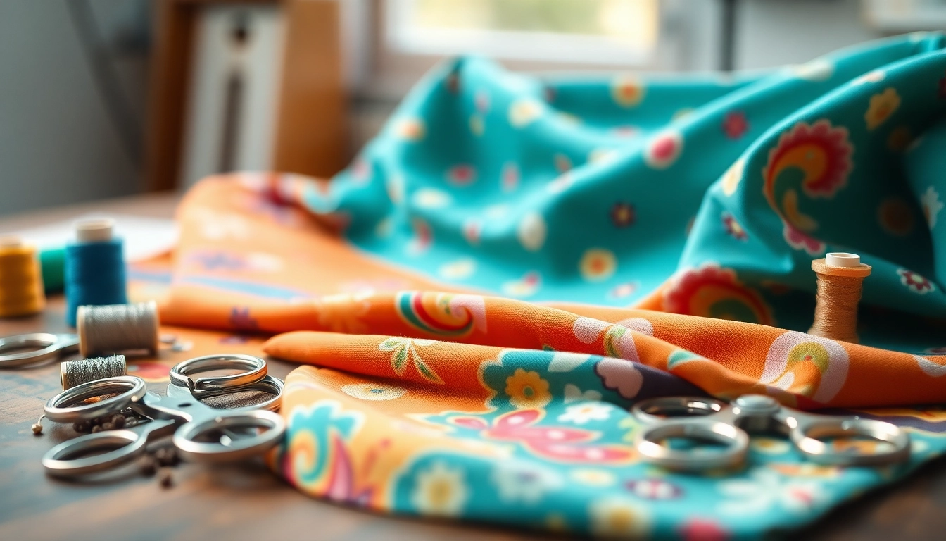 Wafel katoenen stof met kleurrijke patronen op een houten tafel, omringd door naaimaterialen.