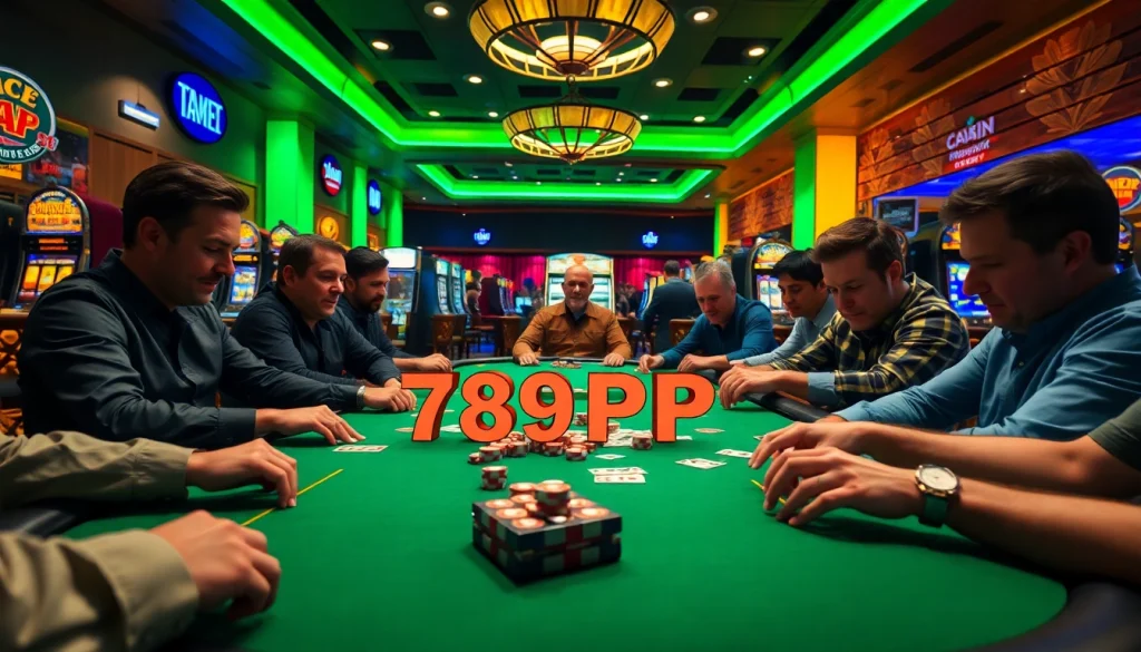 Exciting poker players in action at a 789PP casino table surrounded by vibrant gaming elements.