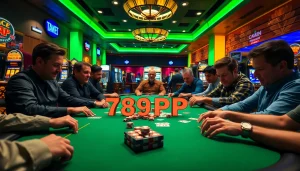 Exciting poker players in action at a 789PP casino table surrounded by vibrant gaming elements.