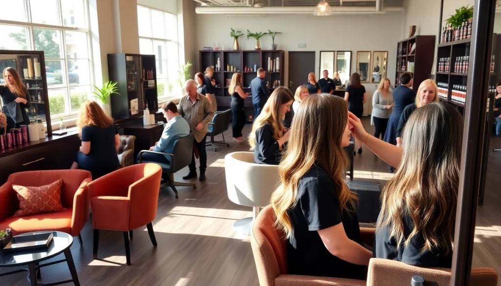 Hair salon San Diego showcasing stylish interior and happy clients during hair services.