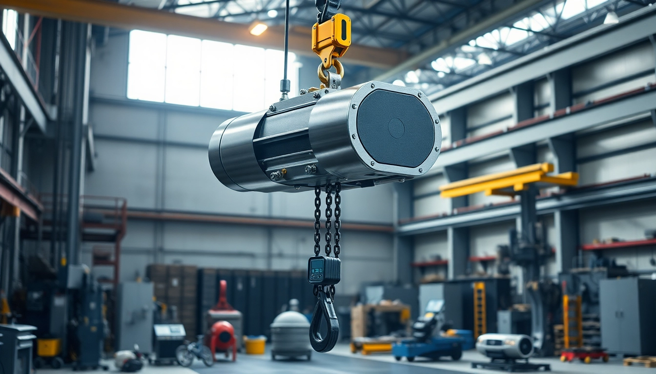 Electric chain hoist crane lifting heavy load in a modern industrial setting.