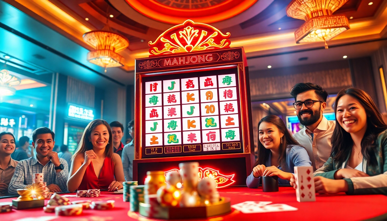 Experience the thrill of a mahjong slot demo with joyful players and vibrant casino elements.