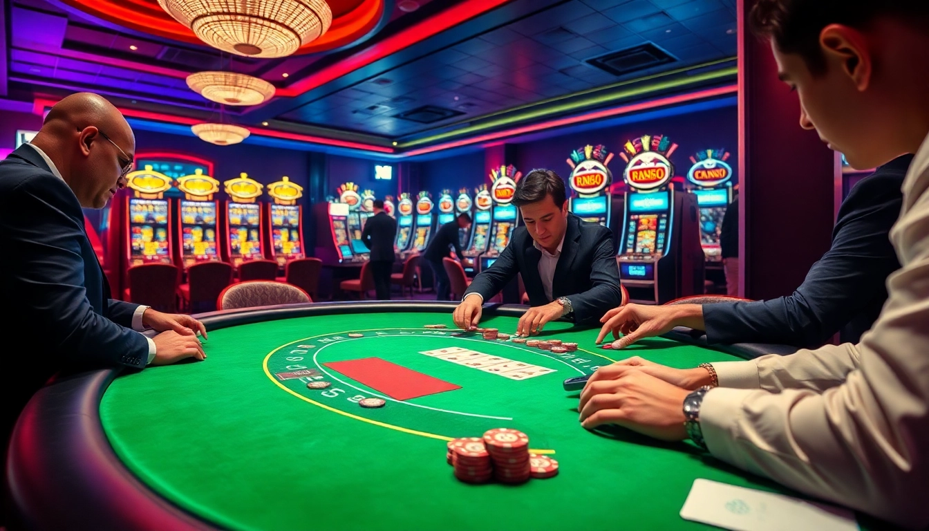 RR88 poker players strategizing at a luxurious casino table, highlighting excitement and professionalism.