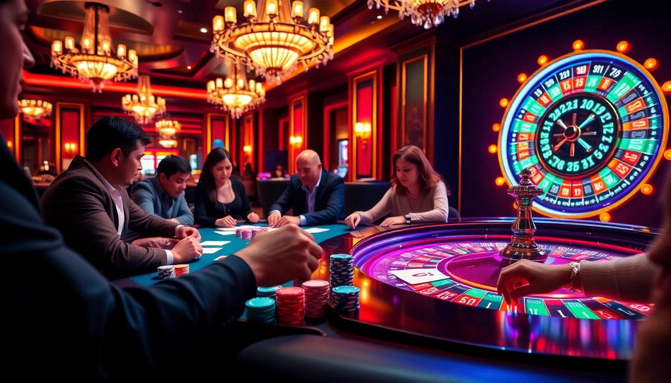 Experience the thrill of gambling at https://88xx.now/ with a vibrant poker table and roulette wheel in a luxury casino setting.