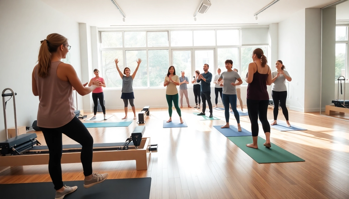 台東区のダイナミックなピラティスクラス。さまざまな参加者が最新の設備を使ってトレーニングに取り組んでいます。