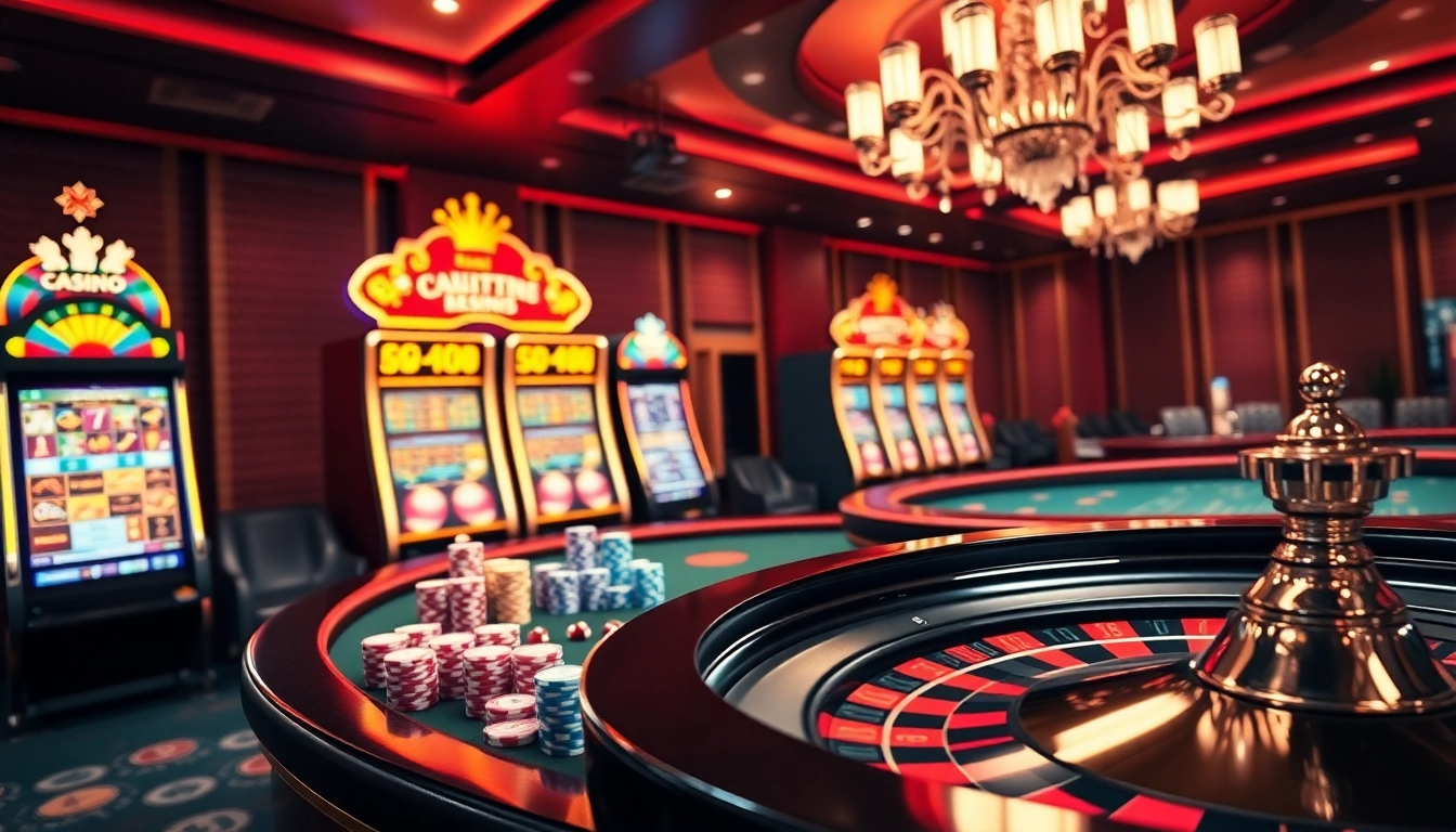 Scène de jeu dynamique mettant en avant un site de casino en ligne avec des jetons colorés et une roulette vivante.