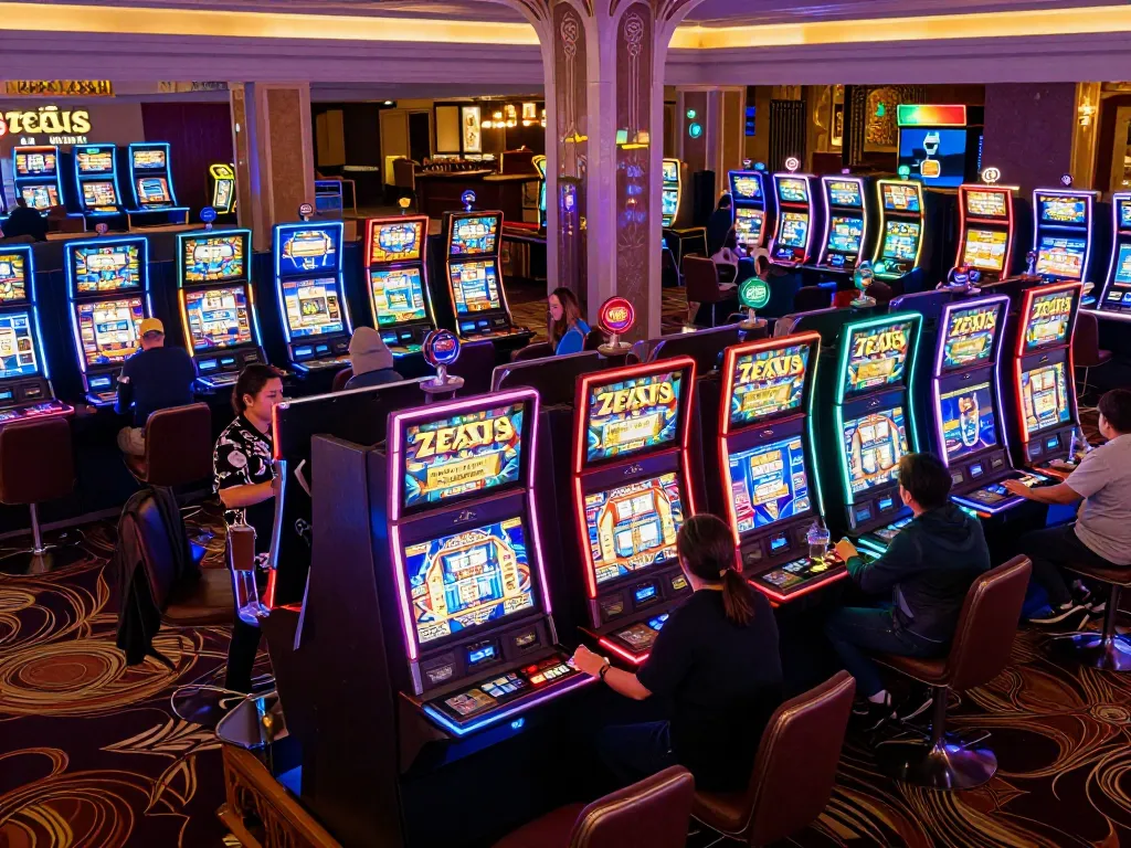 Pemain bersemangat menikmati mesin slot zeus di area slot kasino yang cerah