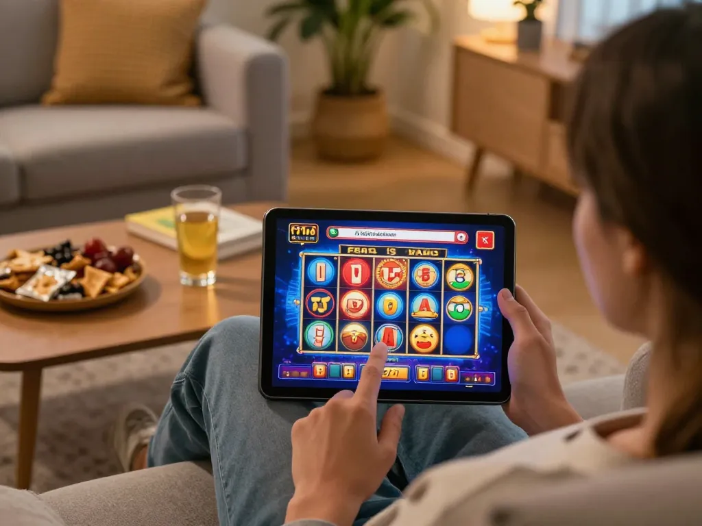 Person engaging with เว็บตรง online slots on a tablet in a cozy living room environment