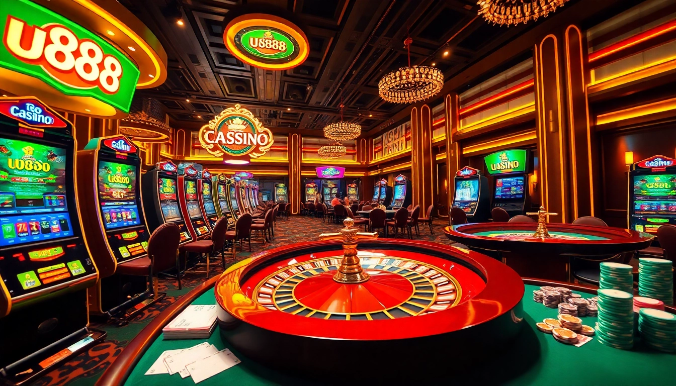 U888 casino scene showcasing vibrant slot machines and an elegant roulette wheel, inviting players to join.