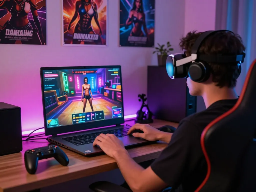 Engaging scene of a gamer playing a real porn game on a modern laptop in a colorful gaming room atmosphere.