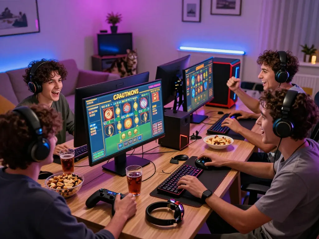 Excited group playing slot gacor hari ini games in a vibrant home setting.