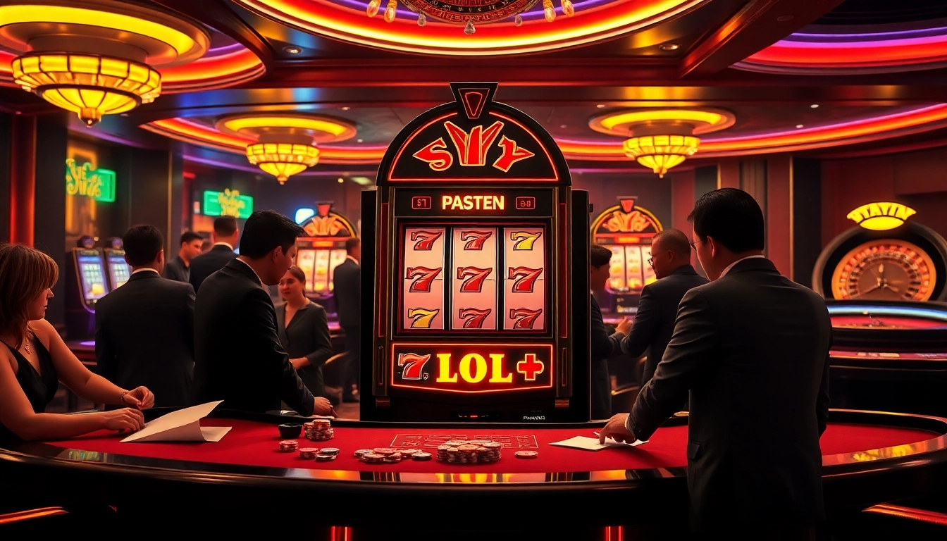 Gamblers enjoying a thrilling game of slot scatter hitam at a luxurious casino with vibrant lighting.