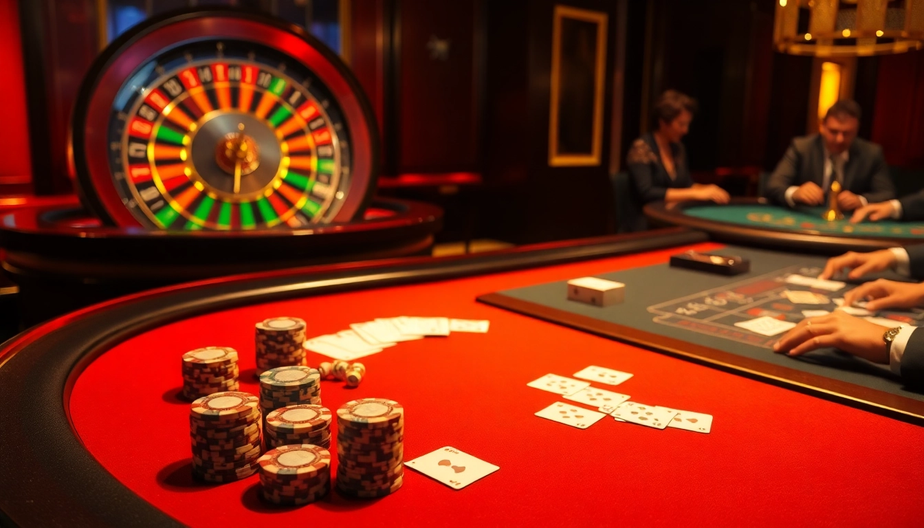 RR88 casino scene with an elegant poker table and illuminated roulette wheel, highlighting the gambling excitement.