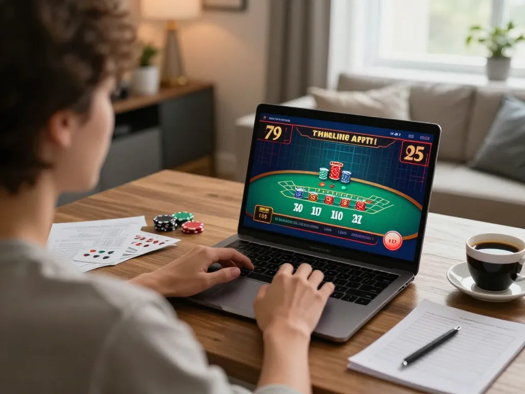 F168 player strategizing during an online blackjack session in a cozy home environment
