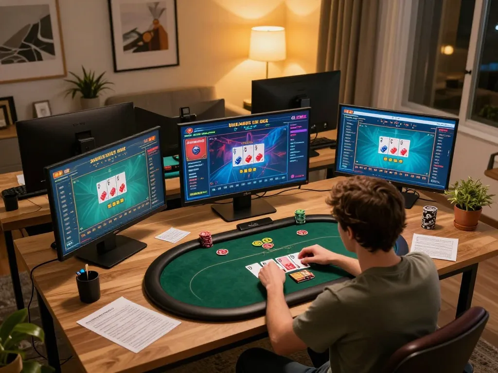 Player engaging in online poker via hidden wiki, showcasing a modern gaming setup.