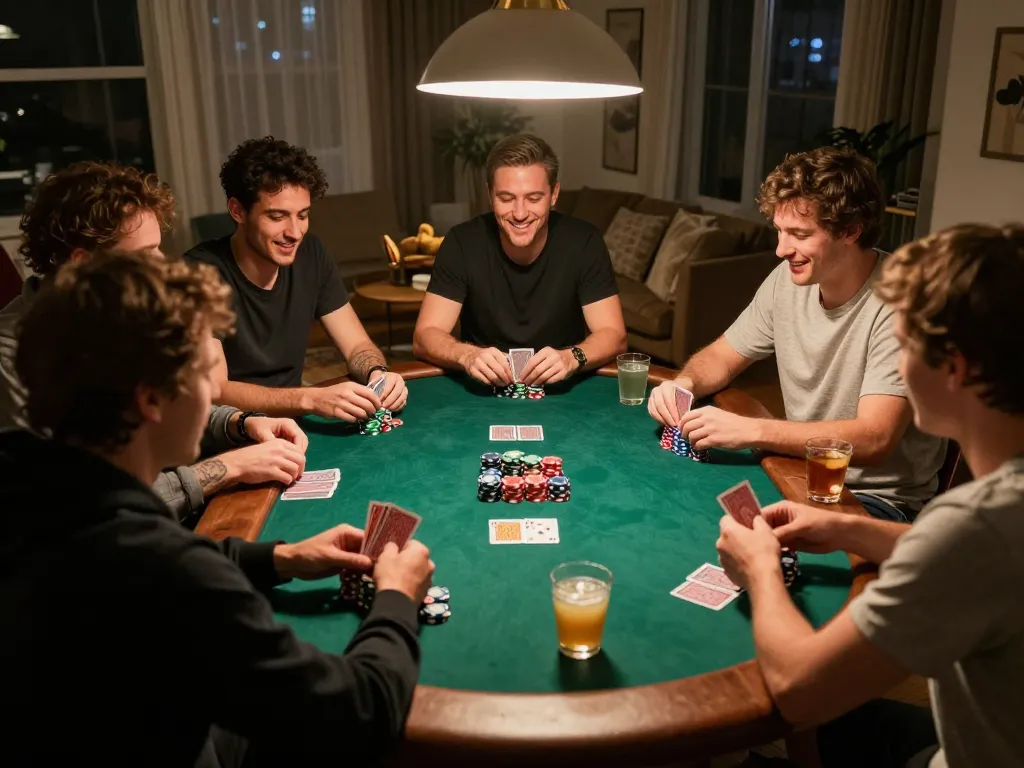 Friends enjoying a poker game at home with F168 chips and cards, showcasing friendly competition and strategic gameplay.