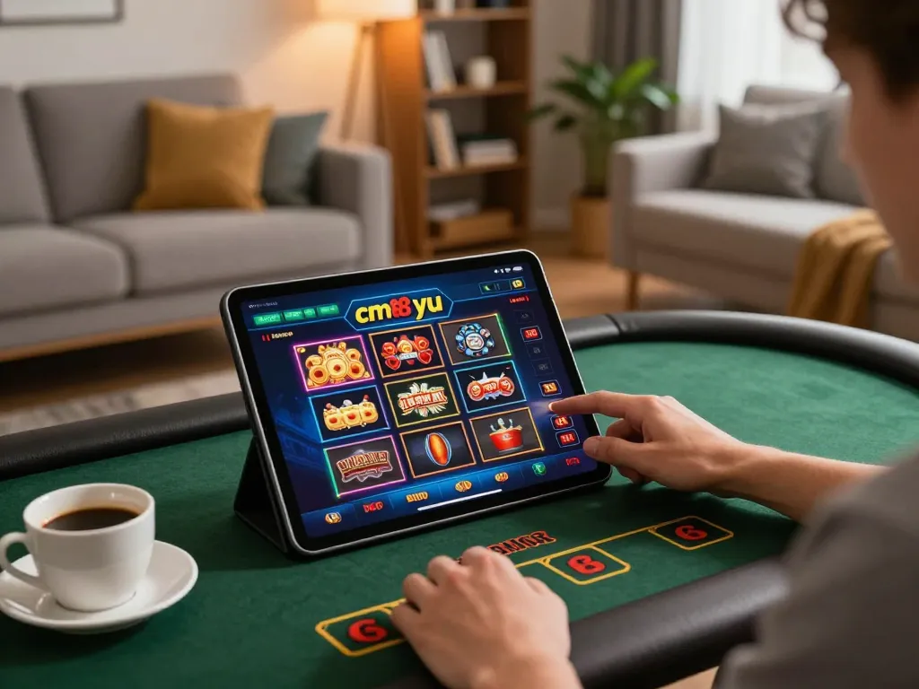 Engaging in cm88-yu online casino gaming in a cozy home setting with tablet display.