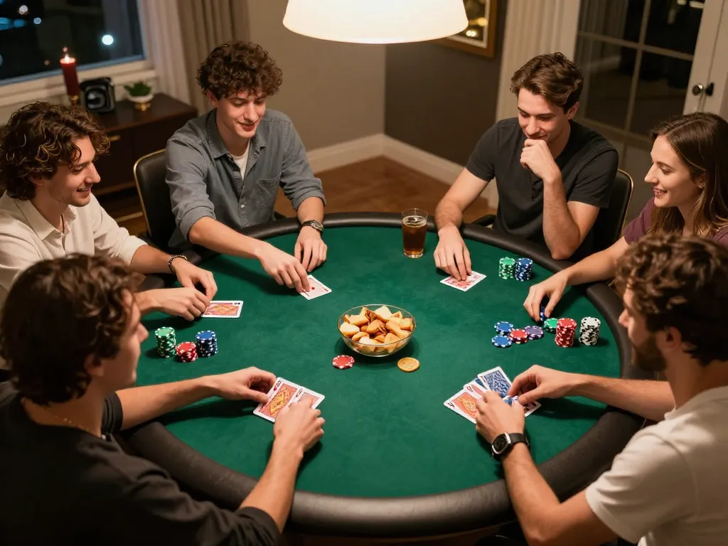 Engaging home poker game with friends enjoying FLY88, lively atmosphere filled with strategy and focus.