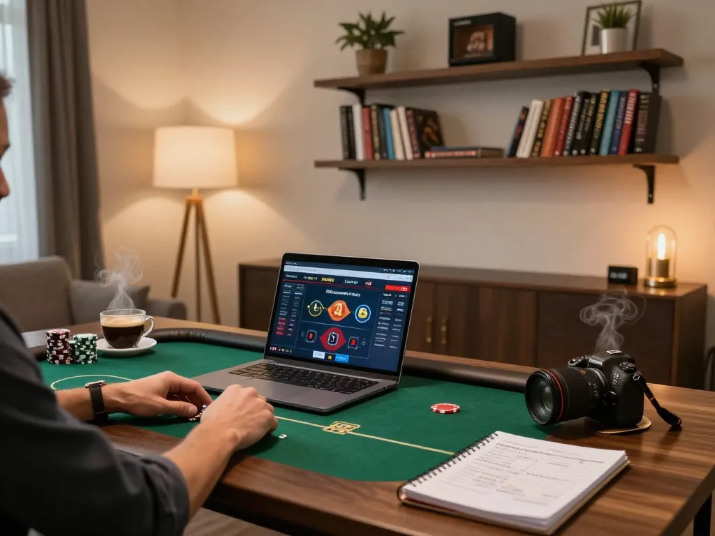 Person placing strategic bets on tg8 poker game interface in a cozy home office
