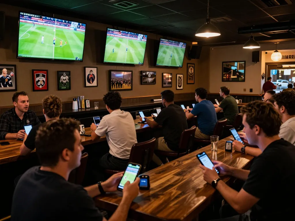 Engaged patrons betting on live matches using 7meter bola apps in an energetic sports bar setting.