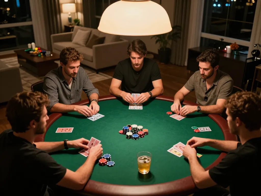 Friends enjoying a poker night at home, featuring hidden wiki-themed gameplay with chips and cards.