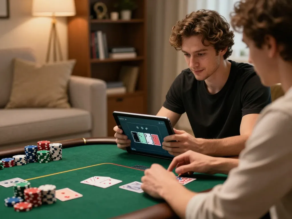TG88 player strategizing in cozy home poker setup amidst chips and cards.