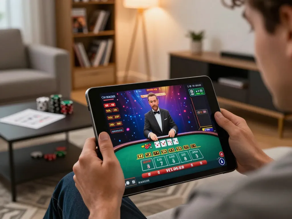123b player enjoying live dealer blackjack on tablet with notes and cozy home setting