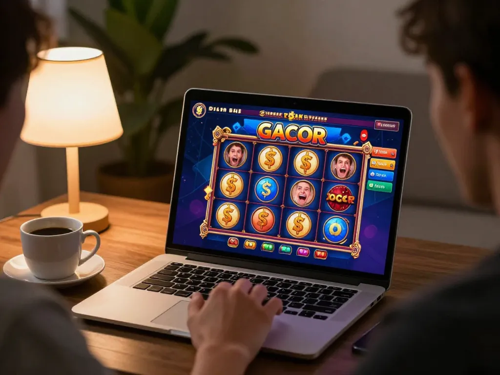 Terlibat dalam permainan slot gacor online di laptop di rumah, menampilkan antarmuka permainan yang menarik.