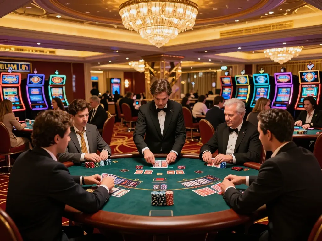 Toto Macau: Para pemain terlibat dalam blackjack berisiko tinggi di lantai kasino yang elegan.