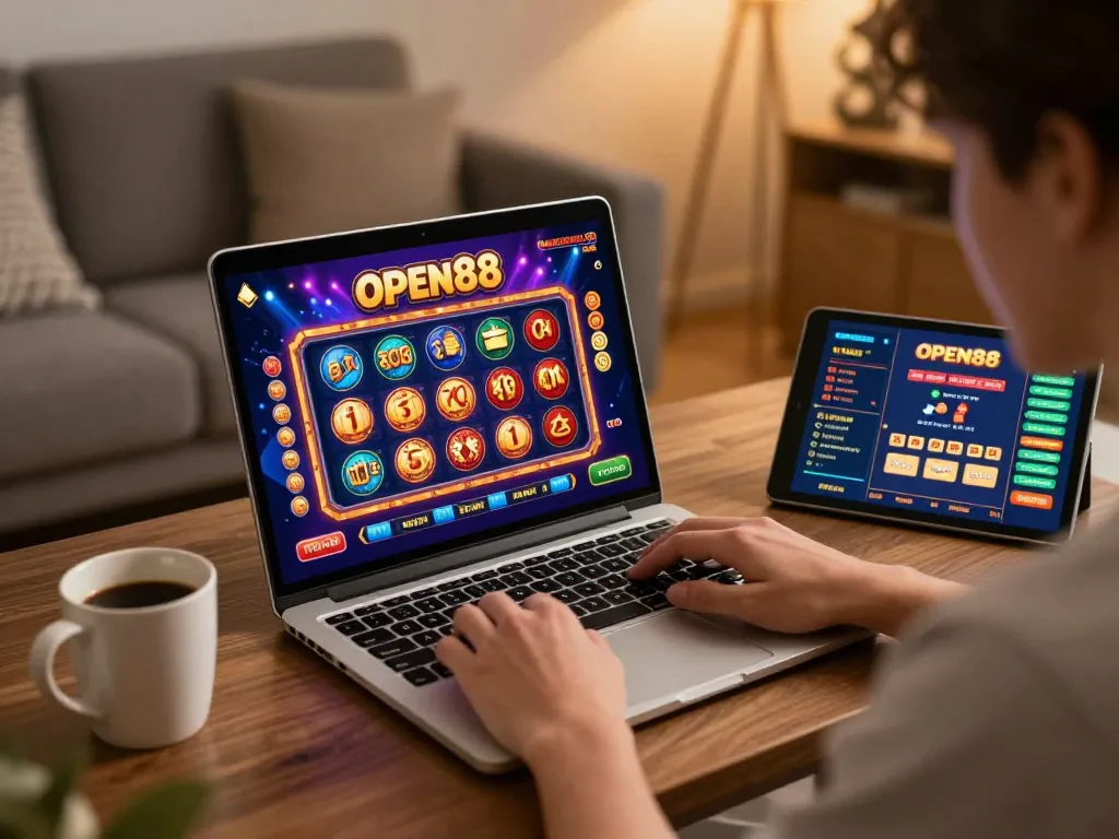 Player enjoying open88's online casino games in a cozy living room setting, focused on strategic gameplay.