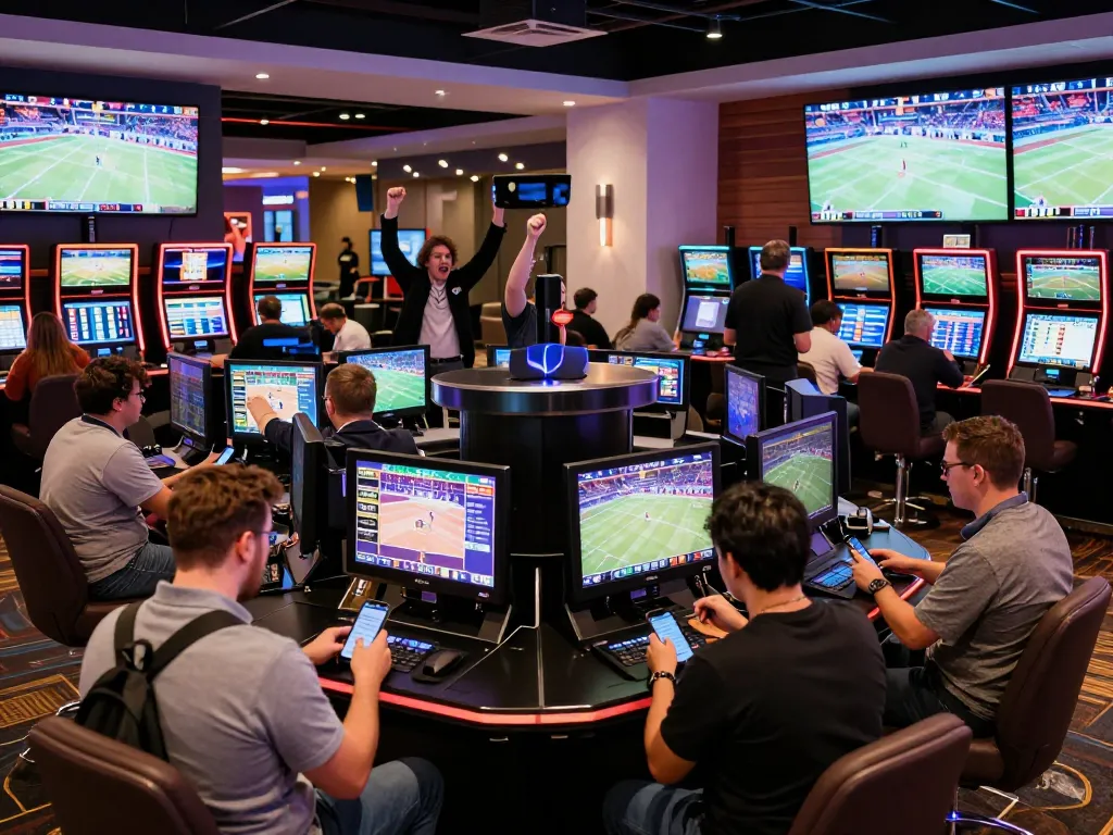 Players placing bets in a vibrant sports betting area at F8beta2 ink casino