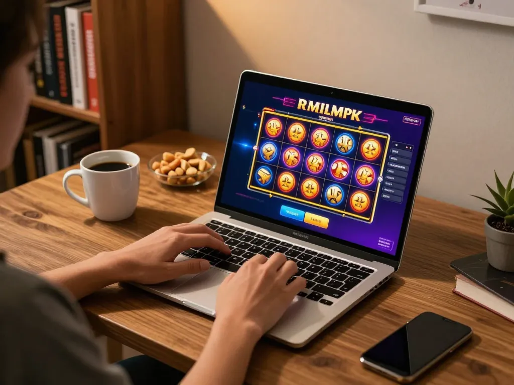 Player engaging with online slots on 388bet in a cozy home setting, laptop screen displaying exciting gameplay