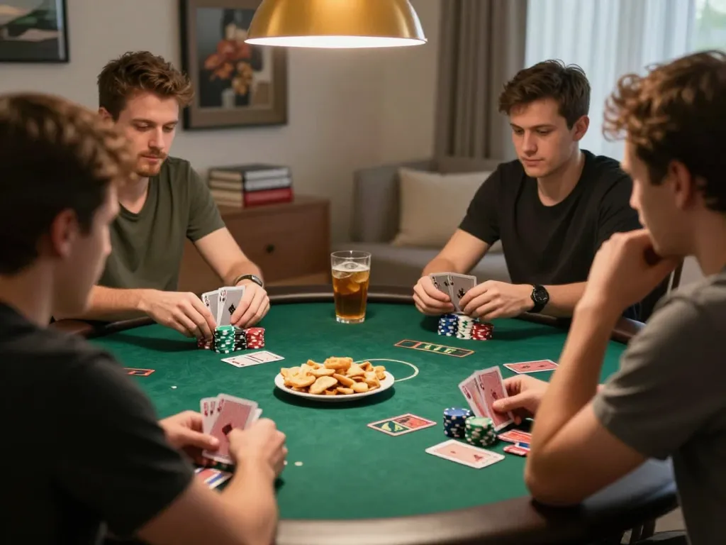 Players enjoy a poker game at home, highlighting sc8885 strategy and camaraderie in a cozy setting.