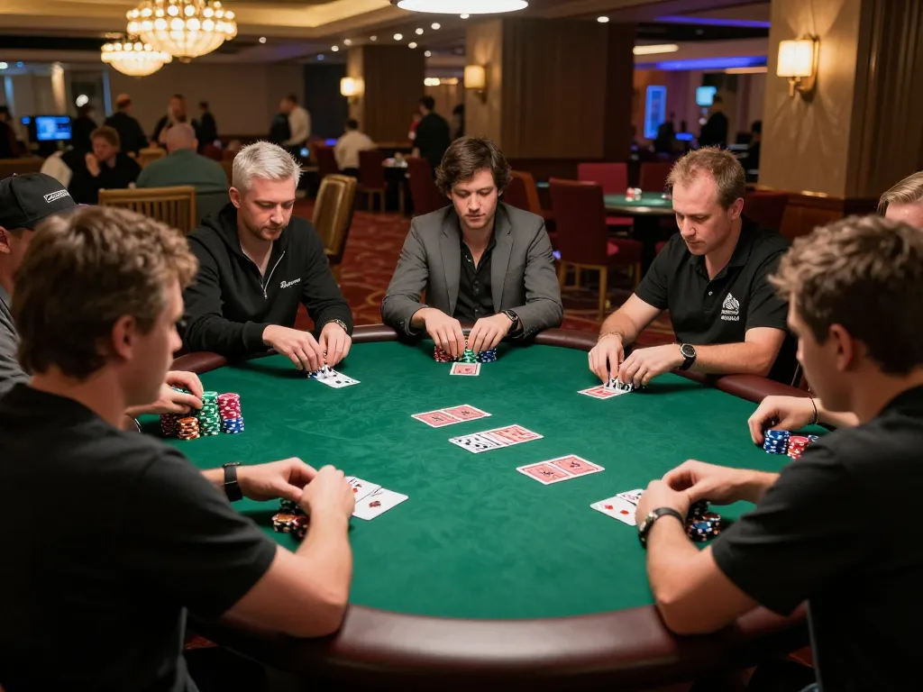 A tense poker game at a casino showcasing jmb88 players and colorful chips during strategic gameplay.