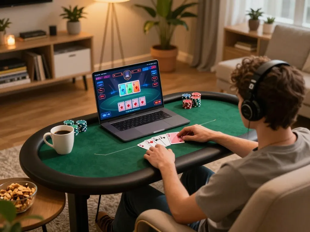 Engaging online poker game experience at home with xfzc168, vibrant gameplay on laptop.