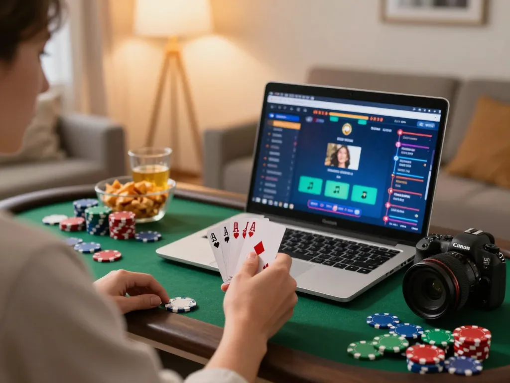 CM88 player strategizing during an online poker game at home, showcasing immersive gaming atmosphere.
