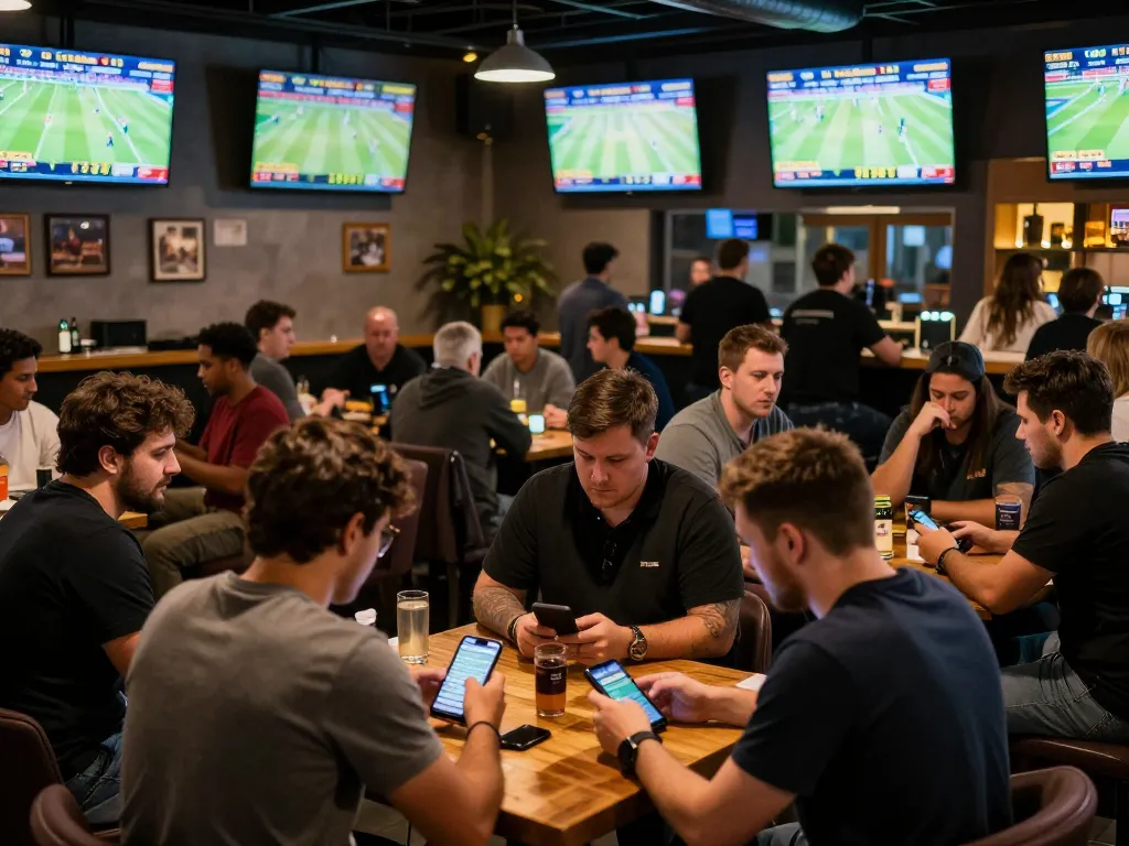 Engaged sports fans using 789win mobile app to place live bets during an exciting game.