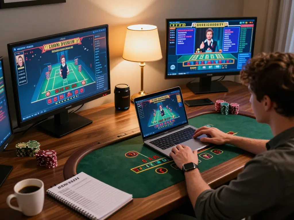 Player engaging in sc88 live casino gaming with multiple screens and strategy notes close by.