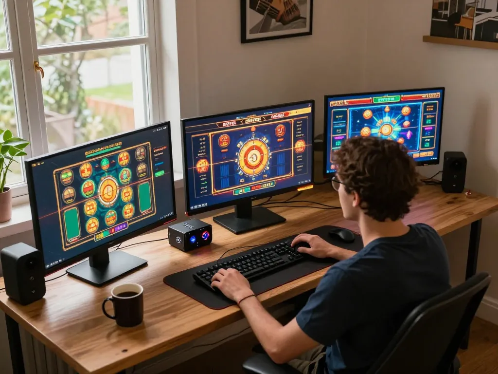 Engaging in strategic online gameplay with slot depo 10k dana on multiple screens in a modern home setup.