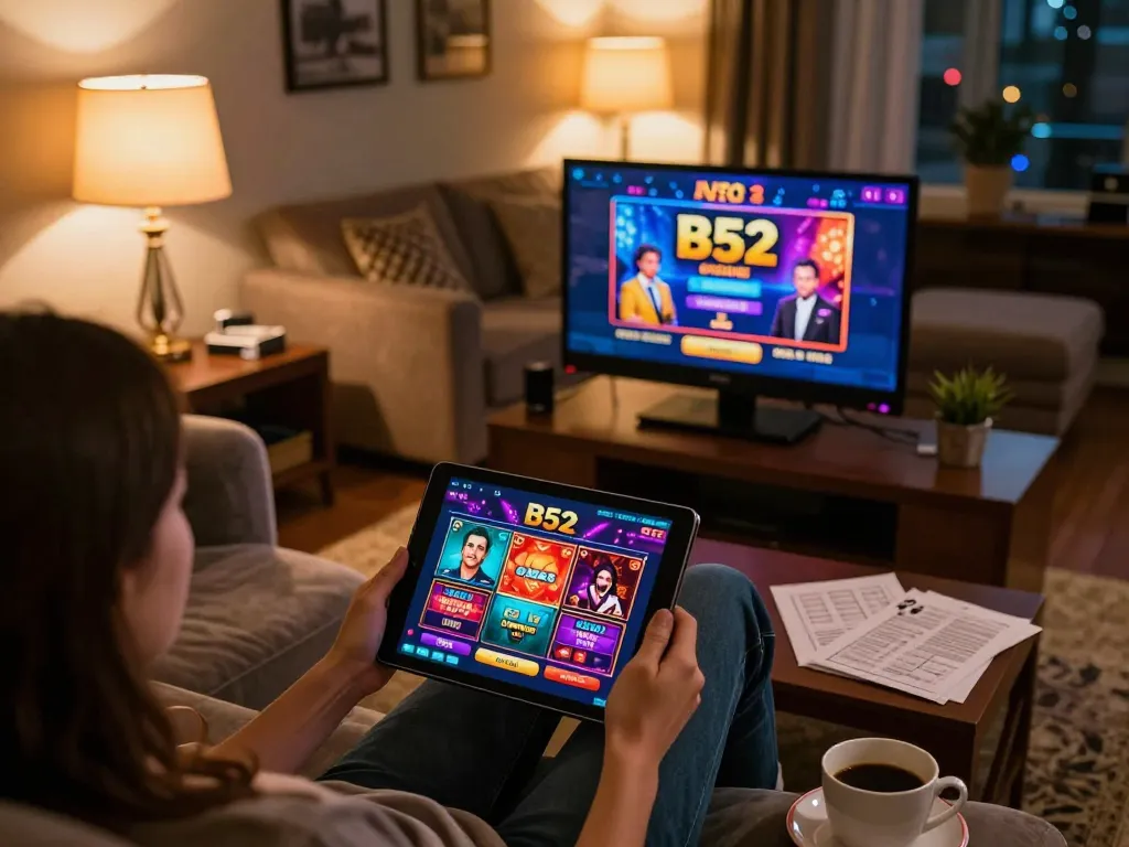 Engaging in online gaming at B52, player using a tablet with vibrant casino interface in cozy home