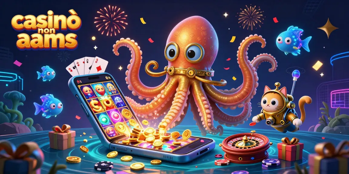 Scopri l'emozione dei casinò non aams con una vivace scena 3D che presenta un kraken, un gatto subacqueo e elementi di casinò emozionanti.