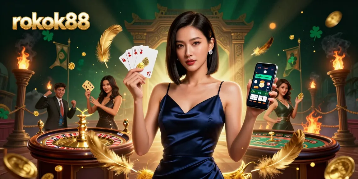 Experience the vibrant energy of ROKOK88 with a confident Asian woman showcasing a casino app and golden chip.