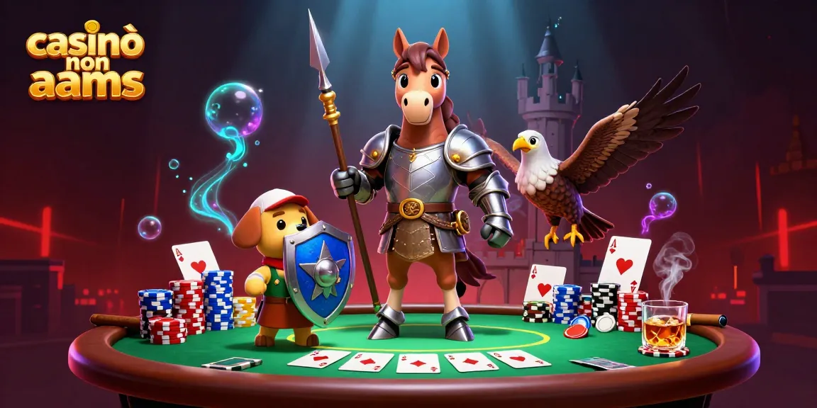 Scena ricca di azione di casinò non aams, che mostra un cavaliere medievale e elementi di poker, offrendo un'esperienza di gioco vibrante.