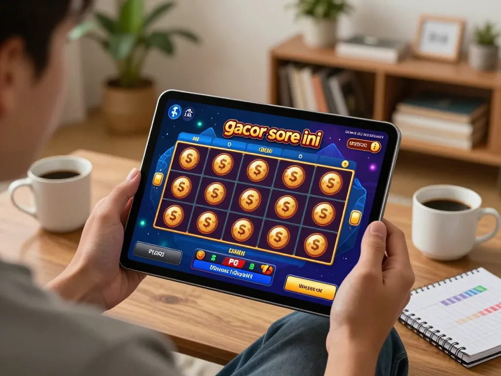 Engaging player using a tablet to play slot gacor sore ini in cozy home setting, showcasing excitement and strategy.
