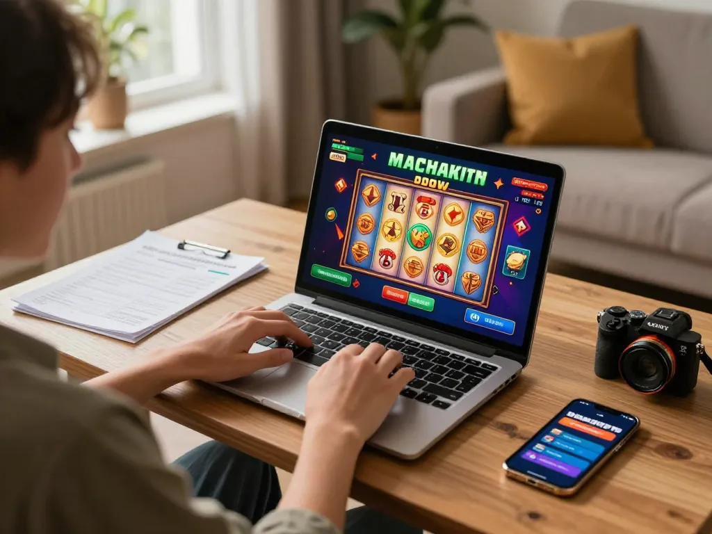 Player engaging in a Mahjong slot game on a laptop while exploring situs gacor, highlighting the excitement of online gambling.