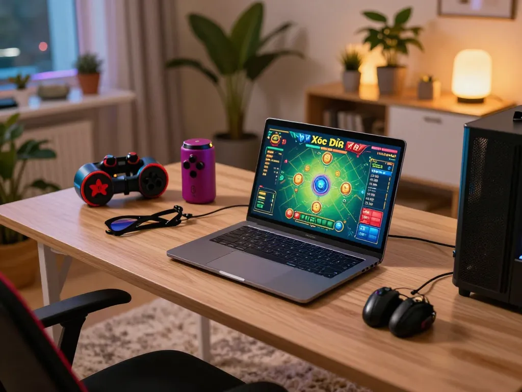 Xóc Đĩa game displayed on laptop screen, showcasing a dynamic online gambling experience in a cozy home setting.