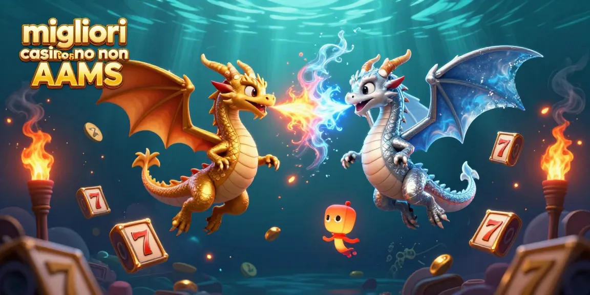 Vivi un'azione emozionante ai migliori casino online non AAMS con un'illustrazione 3D dinamica di draghi, slot e elementi del casinò.