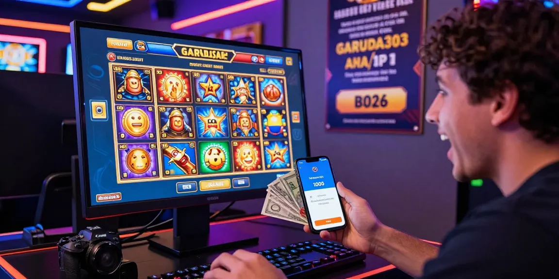 Excited player engaging with slot deposit 1000 at digital slot machine, showcasing vibrant graphics and interactive gaming elements.